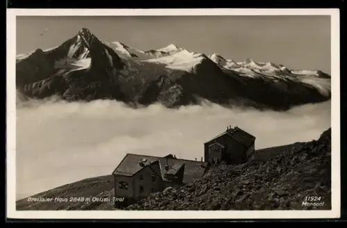 AK Breslauer Haus /Oetztal, Berghütte mit Gipfelpanorama, von oben gesehen
