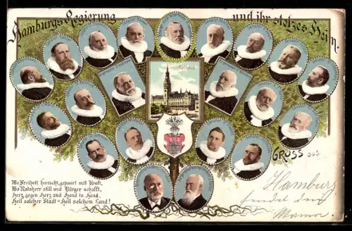 Lithographie Hamburg, Hamburgs Regierung und ihr stolzes Heim, Rathaus, Stadtwappen