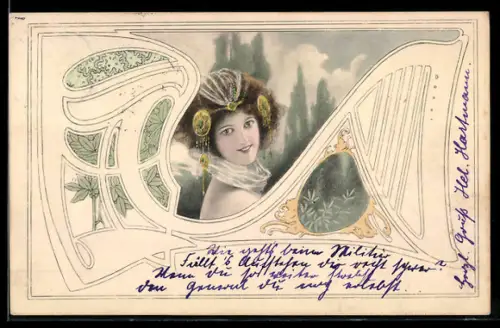 Künstler-AK M. Munk Nr. 86: Junge Frau mit durchsichtigem Tuch, Harfenornament, Jugendstil