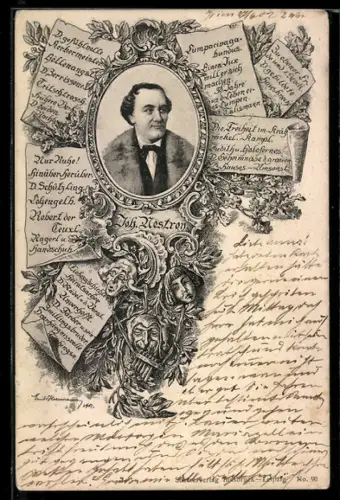 AK Der Schauspieler Johann Nestroy umgeben von Theatermasken und Listen seiner Stücke