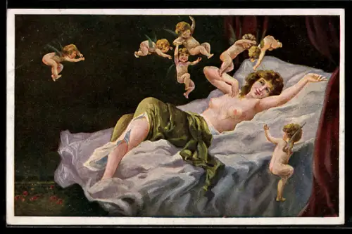 Künstler-AK sign. A. Wagner: Fröhliches Erwachen, Engel tummeln sich um die nackte Frau im Bett, Erotik