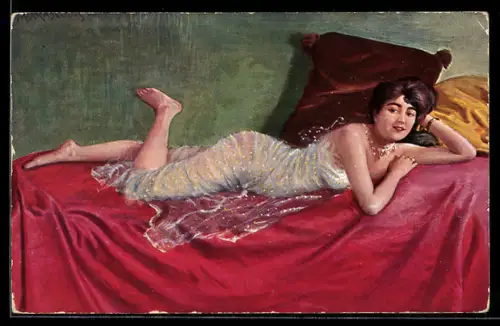 Künstler-AK sign. Max Barascudts: junge Frau in durchsichtigem Kleid liegt auf einem Bett