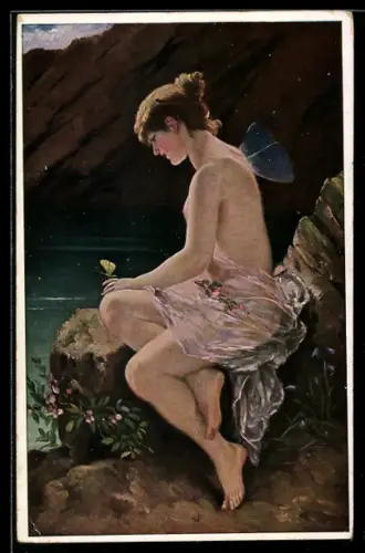 Künstler-AK Fast unbekleidete an felsiger Küste sitzende Psyche vetrachtet einen Schmetterling auf ihrer Hand