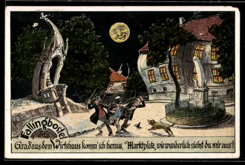 Wirtshaus-AK Fallingbostel, Marktplatz aus der Sicht eines Betrunkenen, Hund