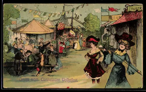 Lithographie Cannstatt, Feiernde Menschen auf dem Cannstatter Volksfest mit Floh-Circus und Achterbahn