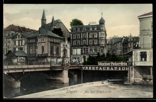 AK Siegen, An der Siegbrücke, Hotel, Münchener Pschorrbräu Restaurant