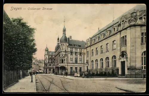 AK Siegen, Partie in der Coblenzer Strasse mit Strassenbahnschienen