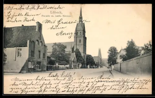AK Lübeck, Strassenpartie mit katholischer Kirche