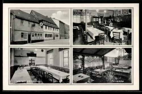 AK Weissenfels /Saale, Gastwirtschaft Am Saalestrand, Bes.: Emil Illig, Leipziger Strasse 100, flagge