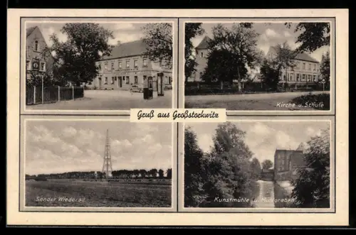AK Grossstorkwitz, Kirche u. Schule, Kunstmühle u. Mühlgraben, Sender Wiederau