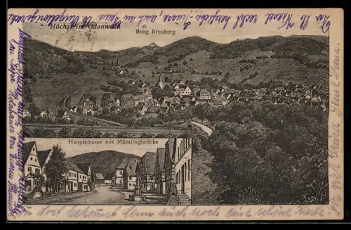 AK Höchst im Odenwald, Totalansicht, Hauptstrasse mit Mümlingbrücke und Burg Breuberg