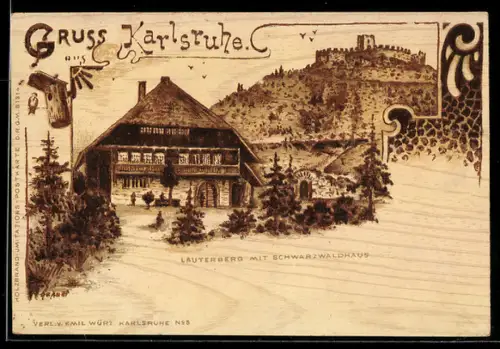 Lithographie Karlsruhe, Lauterberg mit Schwarzwaldhaus