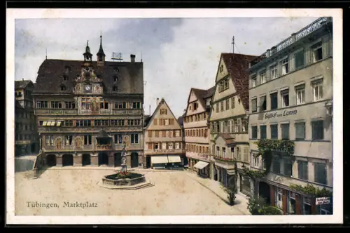 Künstler-AK Tübingen, Markt mit Rathaus und Gasthof zum Lamm