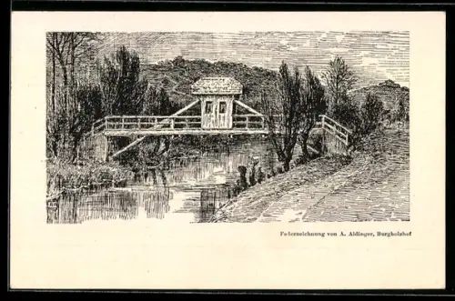 Künstler-AK Waiblingen, ehemaliger Luisensteg über die Rems