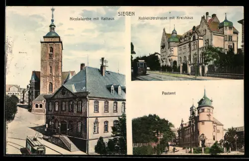 AK Siegen, Nicolaikirche mit Rathaus, Koblenzerstrasse mit Kreishaus, Postamt