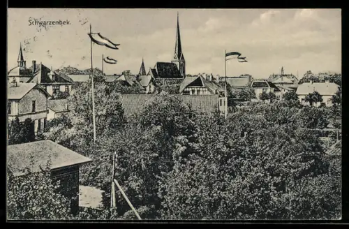 AK Schwarzenbek, Ortsansicht mit Kirche und Flaggenmasten