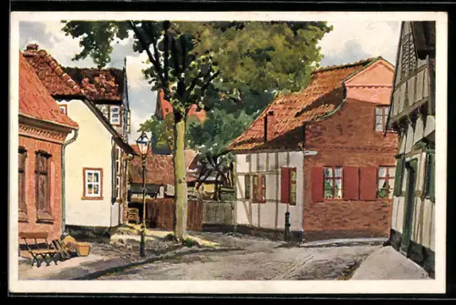 Künstler-AK Travemünde, Marktstrasse mit Fachwerkhaus