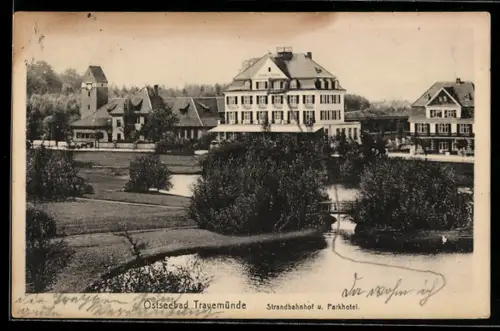 AK Travemünde, Blick auf Strandbahnhof und Parkhotel