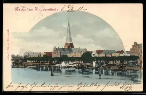 AK Travemünde, Ortsansicht mit Kirche, Boote am Ufer