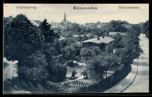 AK Schwarzenbek, Bahnhofstrasse und Graubauerweg, Fernblick auf die Kirche
