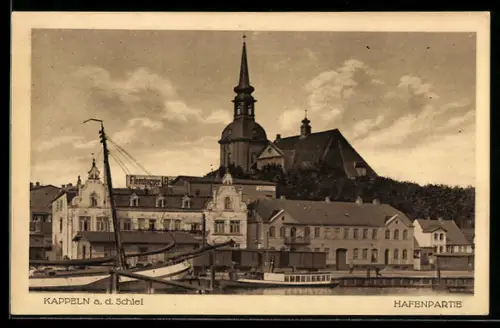 AK Kappeln a. d. Schlei, Hafenpartie, Flensburger Bahnhof