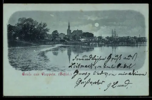 Mondschein-AK Kappeln /Schlei, Ortsansicht mit Kirche