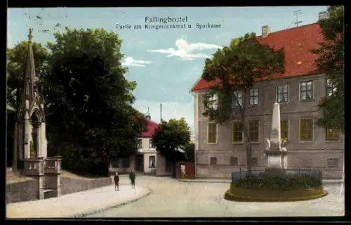 Goldfenster-AK Fallingbostel, Kriegerdenkmal u. Sparkasse mit leuchtenden Fenstern