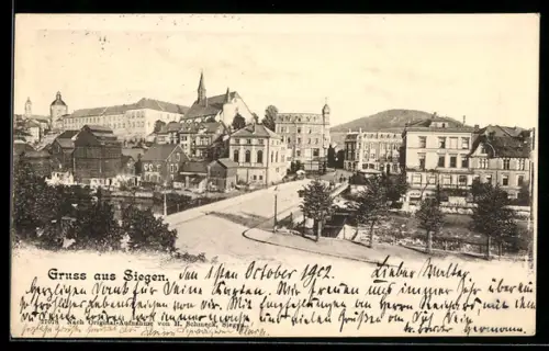 AK Siegen, Flusspartie mit Brücke im Ort