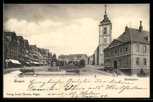 AK Siegen, Marktplatz mit Kirche und Reiterstandbild