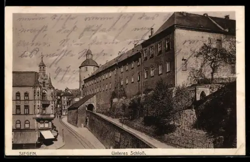 AK Siegen, Unteres Schloss mit Strasse aus der Vogelschau