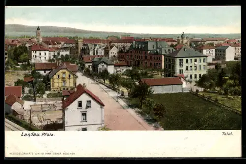 AK Landau /Pfalz, Totalansicht der Stadt mit Anlagen u. Strasse