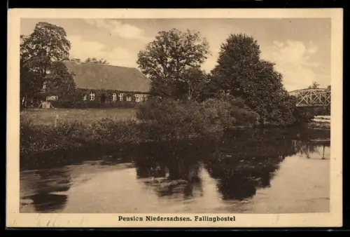 AK Fallingbostel, Pension Niedersachsen, mit Fluss u. Brücke