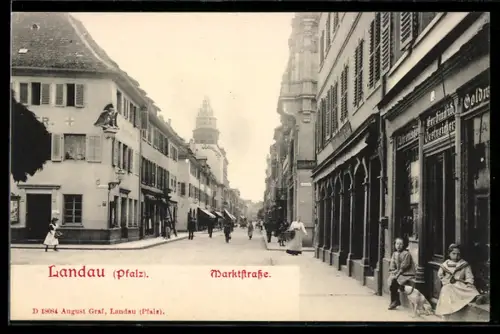 AK Landau /Pfalz, Marktstrasse mit Turm, Eckgebäude mit Adler-Skulptur, Geschäften