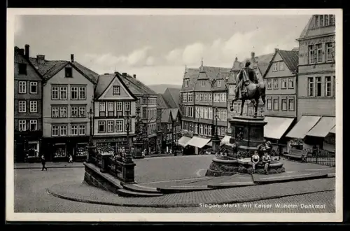AK Siegen, Markt mit Kaiser Wilhelm Denkmal aus der Vogelschau
