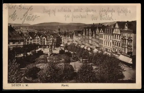 AK Siegen i. W., Markt mit Stadtpanorama aus der Vogelschau