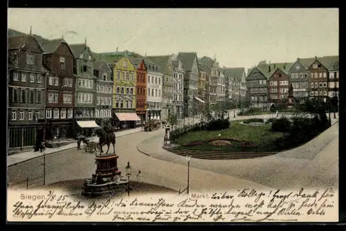 AK Siegen, Markt mit Reiterdenkmal und Springbrunnen-Anlage