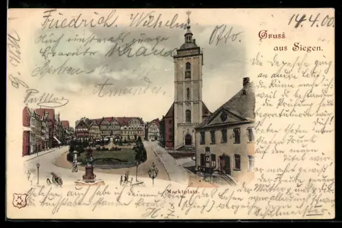 AK Siegen, Marktplatz mit Denkmal, Kirche u. Anlage
