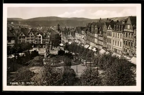 AK Siegen i. W., Markt, Apothekengebäude, Geschäftshäuser, Denkmäler