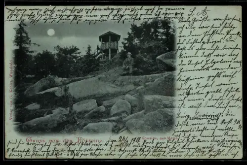 Mondschein-AK Kösseine, Aussichtsturm, Felsenlandschaft bei Vollmond