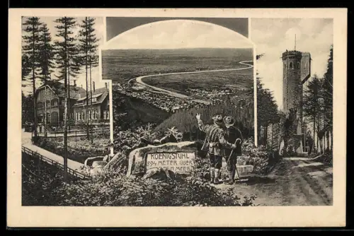 AK Heidelberg, Königstuhl, Aussichtsturm, Gasthaus, Wanderer