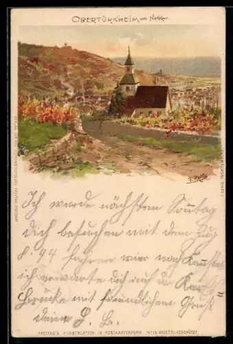 Lithographie Obertürkheim am Neckar, Kirche in den Weinbergen