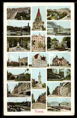 AK Riesa, Trinitatiskirche, Klosterkirche, Wettinerstrasse, Birkenwäldchen, Elbbrücke, Kaiser Wilhelmplatz