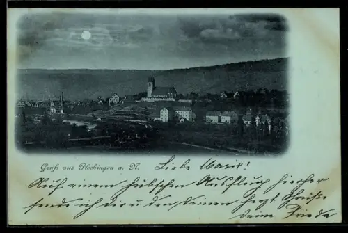 Mondschein-AK Plochingen a. N., Ortsansicht mit Kirche und Fluss