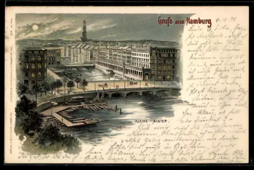 Lithographie Hamburg, Kleine Alster bei Mondschein