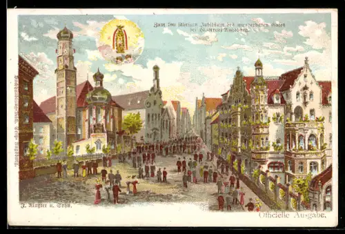 Lithographie Augsburg, 700-jähr. Jubiläum des wunderbaren Gutes bei Hl. Kreuz