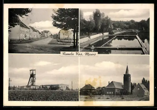 AK Rumeln /Moers, Kirche, Förderturm, Schwimmbad
