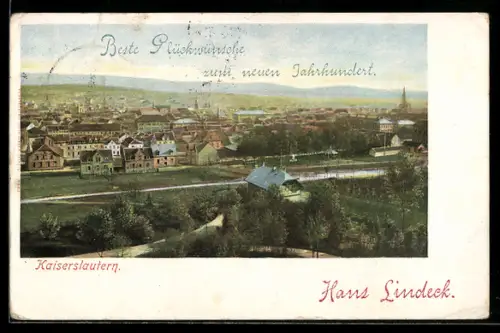 Lithographie Kaiserslautern, Ortsansicht aus der Vogelschau, Neujahrsgruss Hans Lindeck