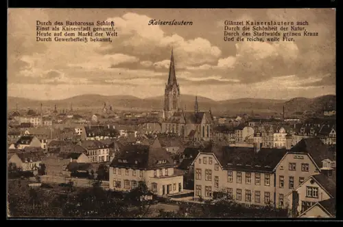 AK Kaiserslautern, Ortsansicht mit Kirche und Barbarossaschloss aus der Vogelschau