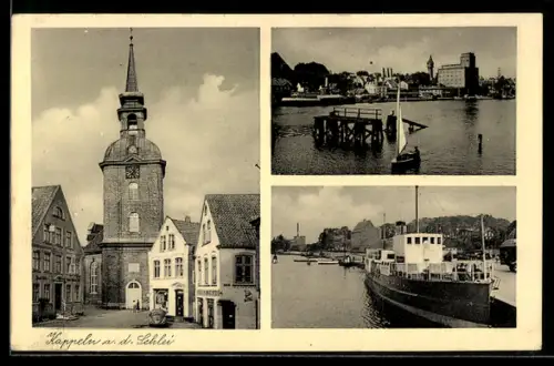 AK Kappeln a. d. Schlei, Kirche, Hafen, Dampfer