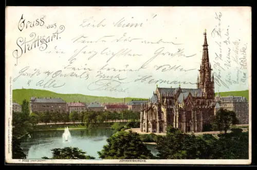 Lithographie Stuttgart, Johanniskirche, Park mit Brunnen